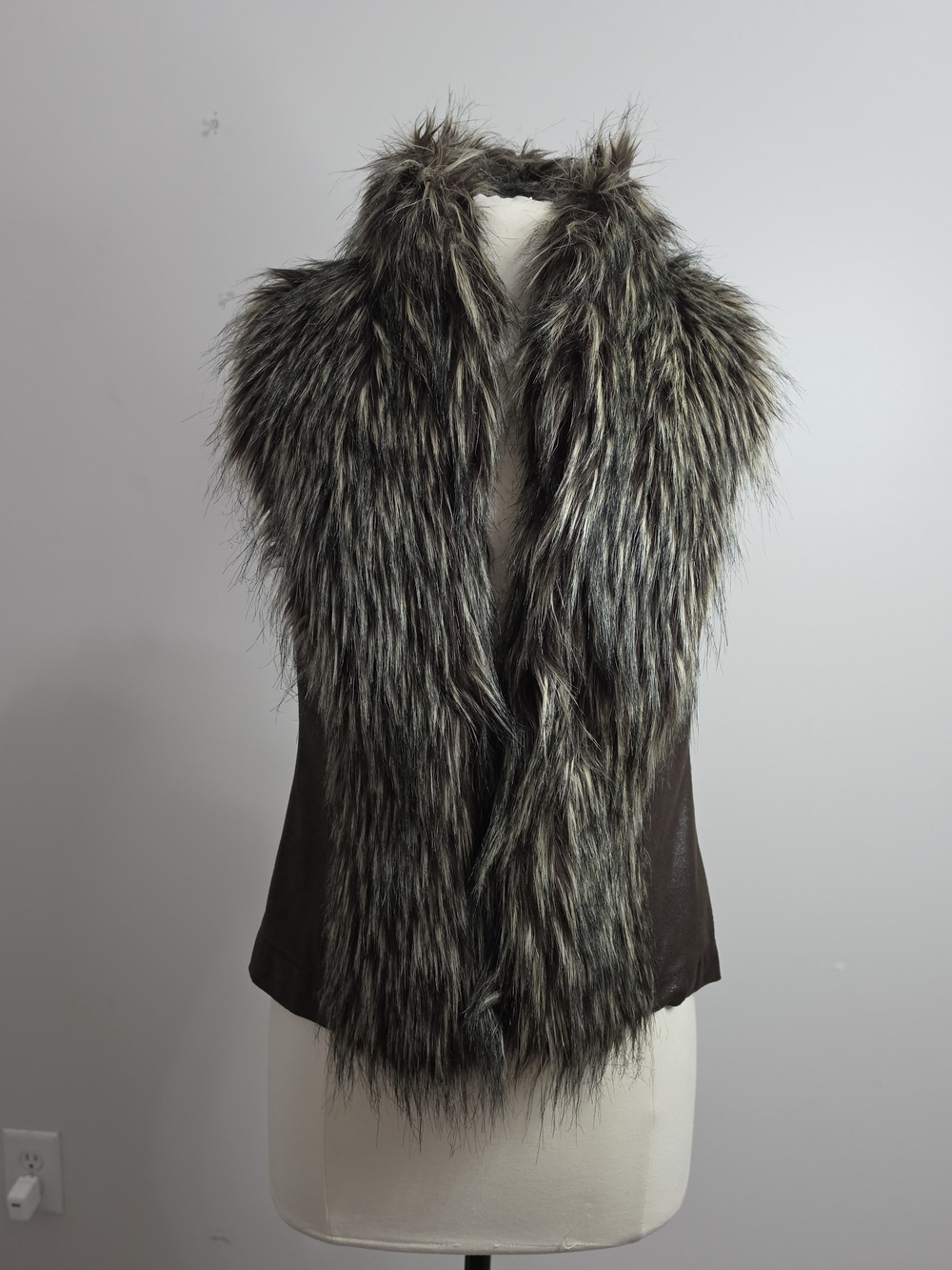 INC International Concepts Faux Fur Trim Brown & Gray Vest